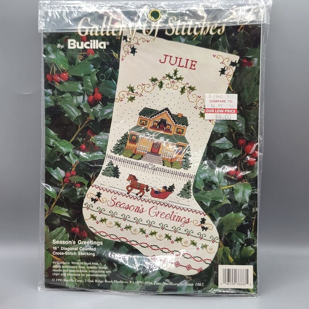 1993 Bucilla Gallery Stitches Seasons Greetings 16" Cross Stitch Stocking 33333